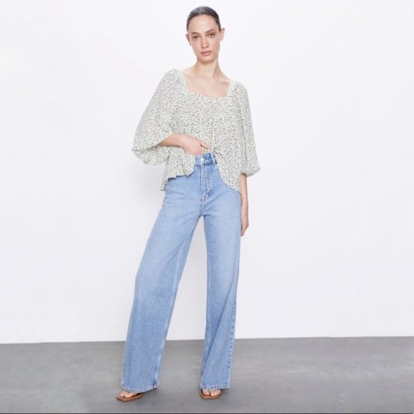 Zara Pleated Square Neck Puff Sleeve Blouse S - Picture 7 of 7